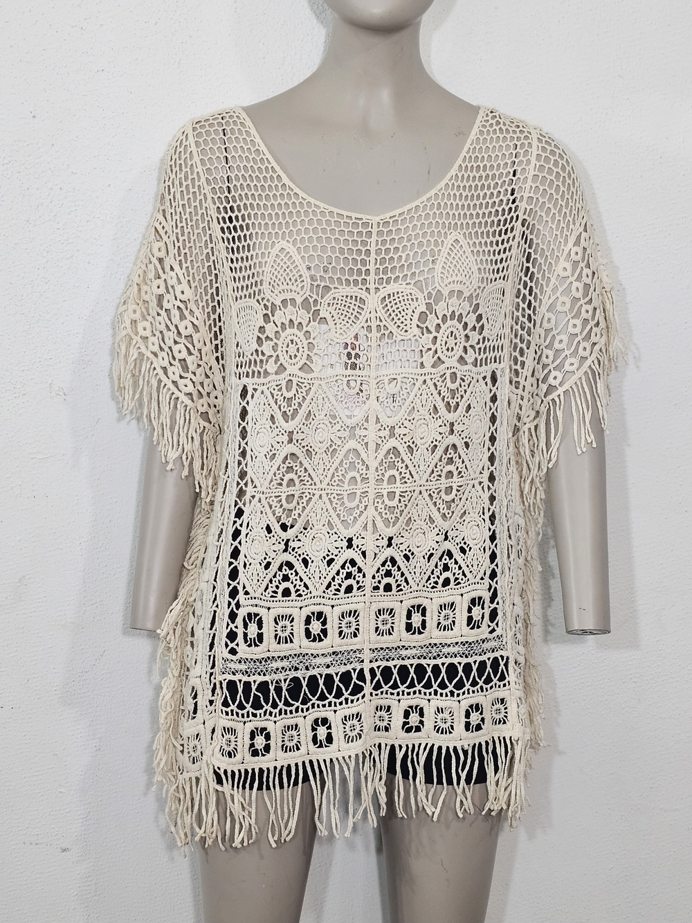 Cato Cream Crochet Fringe Open Knit Poncho Top